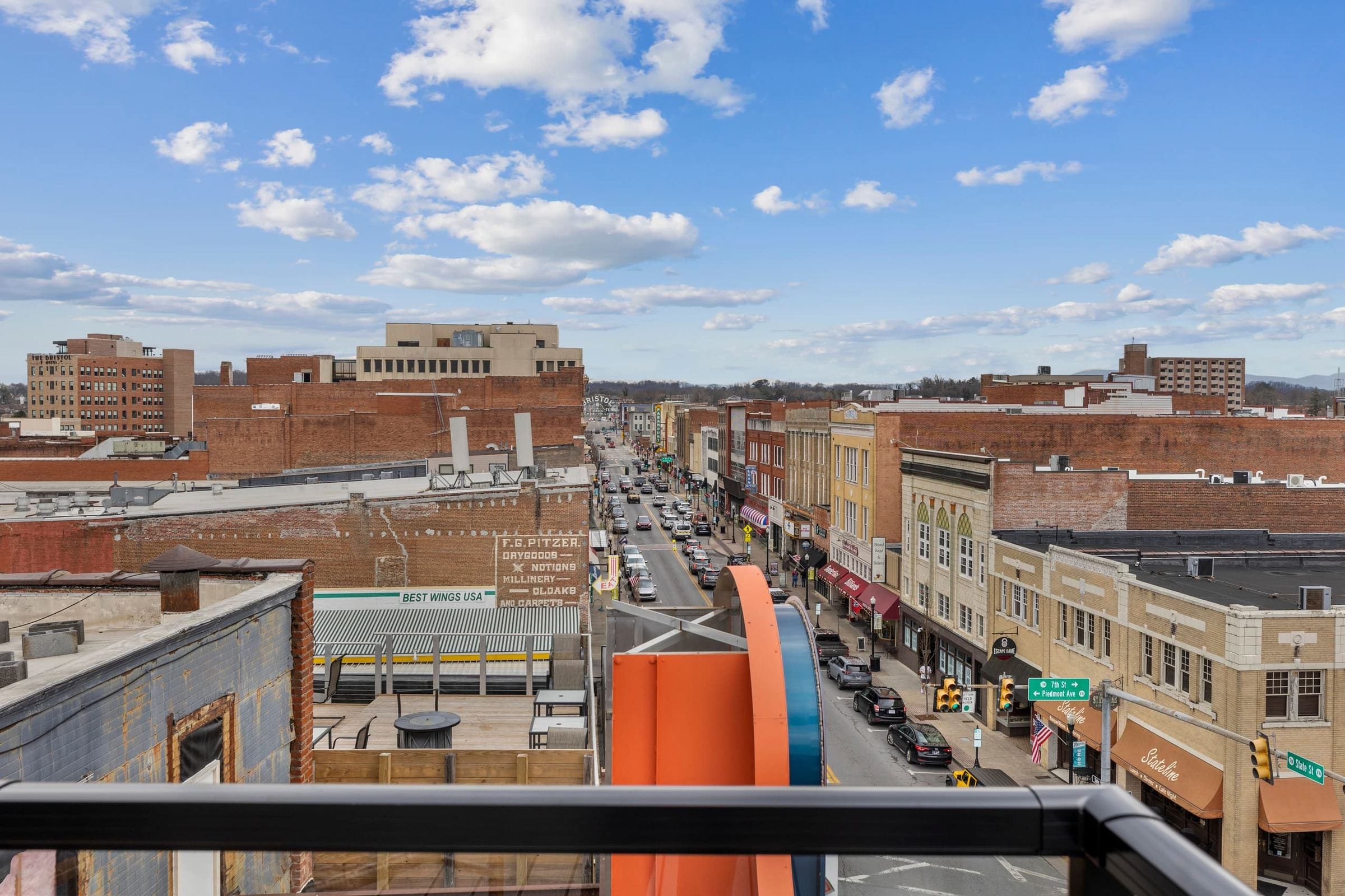The view down State Street from the roof, over the top of the Cameo Theater's marquee.